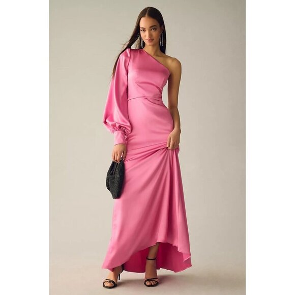 New MAC DUGGAL Size 4 Pink 26712 ONE SHOULDER BISHOP SLEEVE SATIN Formal GOWN